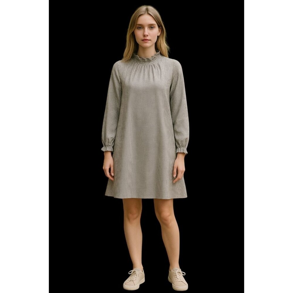 Zara Basic Black White Checked Long Sleeve Dress M 2 Pockets Ruffle Mock Neck